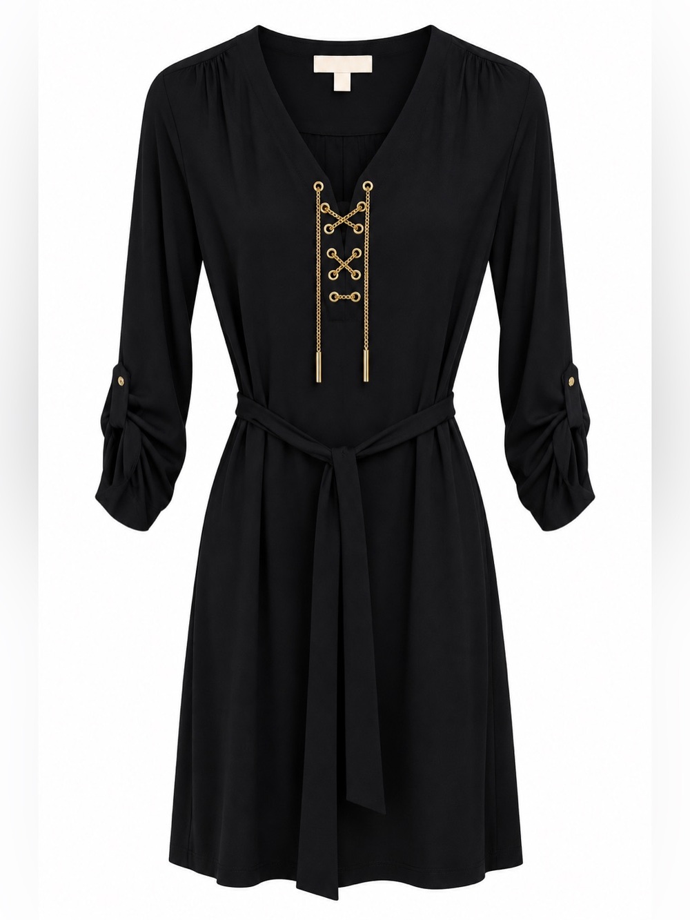 Michael Kors Black Long-Sleeve V-Neck Dress with Gold Lace-Up Detail